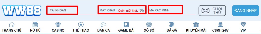 Ảnh minh họa 3 trường thông tin cần điền khi đăng nhập WW88